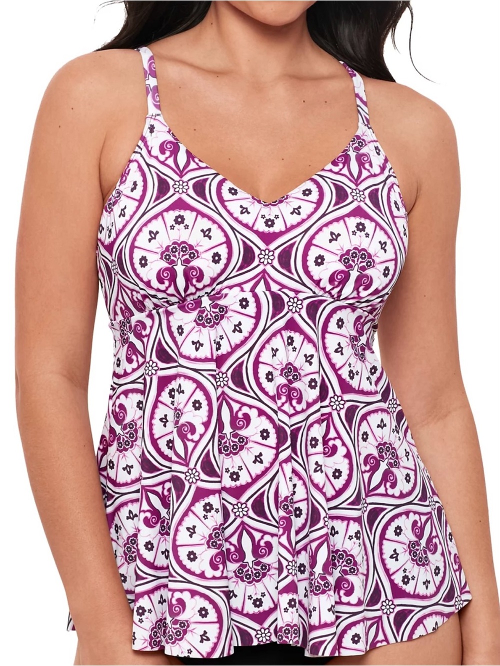 Swim Solutions Women’s One-Piece Tankini top in White and Purple Tile Print 14